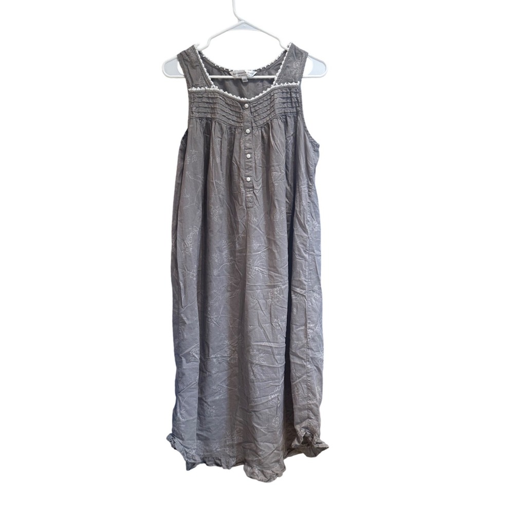 Alexander Del Rossa Grey Cotton Floral Nightgown Lace Trim Sleeveless Medium